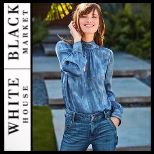 WHBM Elegant Blue Satin Mock Neck Women's Blouse size 12